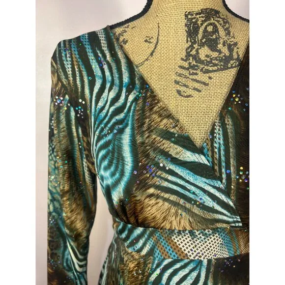 Vintage Y2K Top M Babydoll Rhinestone detail Asymmetrical Animal Print - Picture 6 of 7